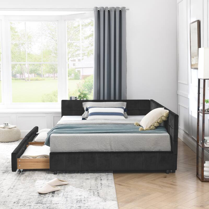 Full Size Upholstered Tufted Bed Frame, Storage Sofa Bed Frame, Velvet Fabric Daybed with 2 Drawers, No Box Spring Needed