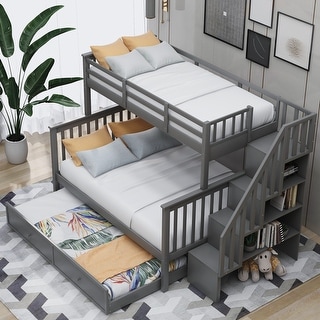 Twin-Over-Full Stairway Bunk Bed with Twin Size Trundle, Solid Wood Storage Bedframe with Safety Guardrail for Bedroom, Dorm