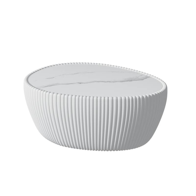 Modern Drum Coffee Table, Goose Egg Shape Coffee Table with Marble Top & Pu Frame, Luxury Center Side Table for Small Space
