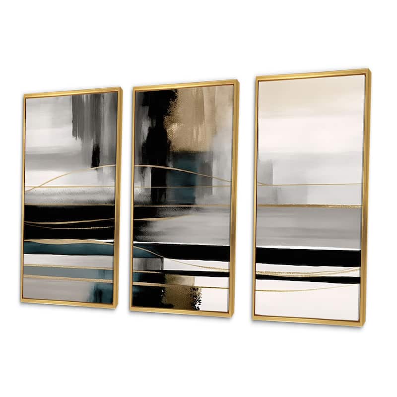 Designart "Abstract Geode Geometric Black And Gold III" Modern Geometric Framed Canvas Art Print - 3 Panels