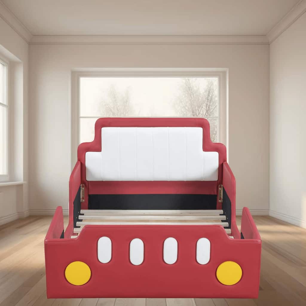 Twin Size Race Car Shaped Upholstered Platform Bed with Wheels, PU Leather, Sturdy Construction, Ideal for Kids Bedroom