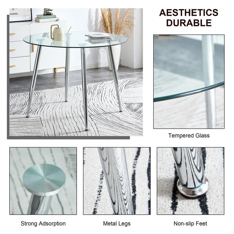40" Round Glass Tabletop Dining Table with Metal Legs