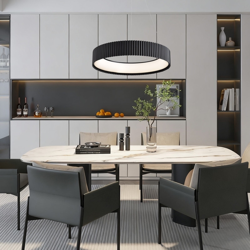 Modern Black Round Chandelier LED Dimmable 1 Ring Ceiling Light for Dining Room Living Room - 23.62in