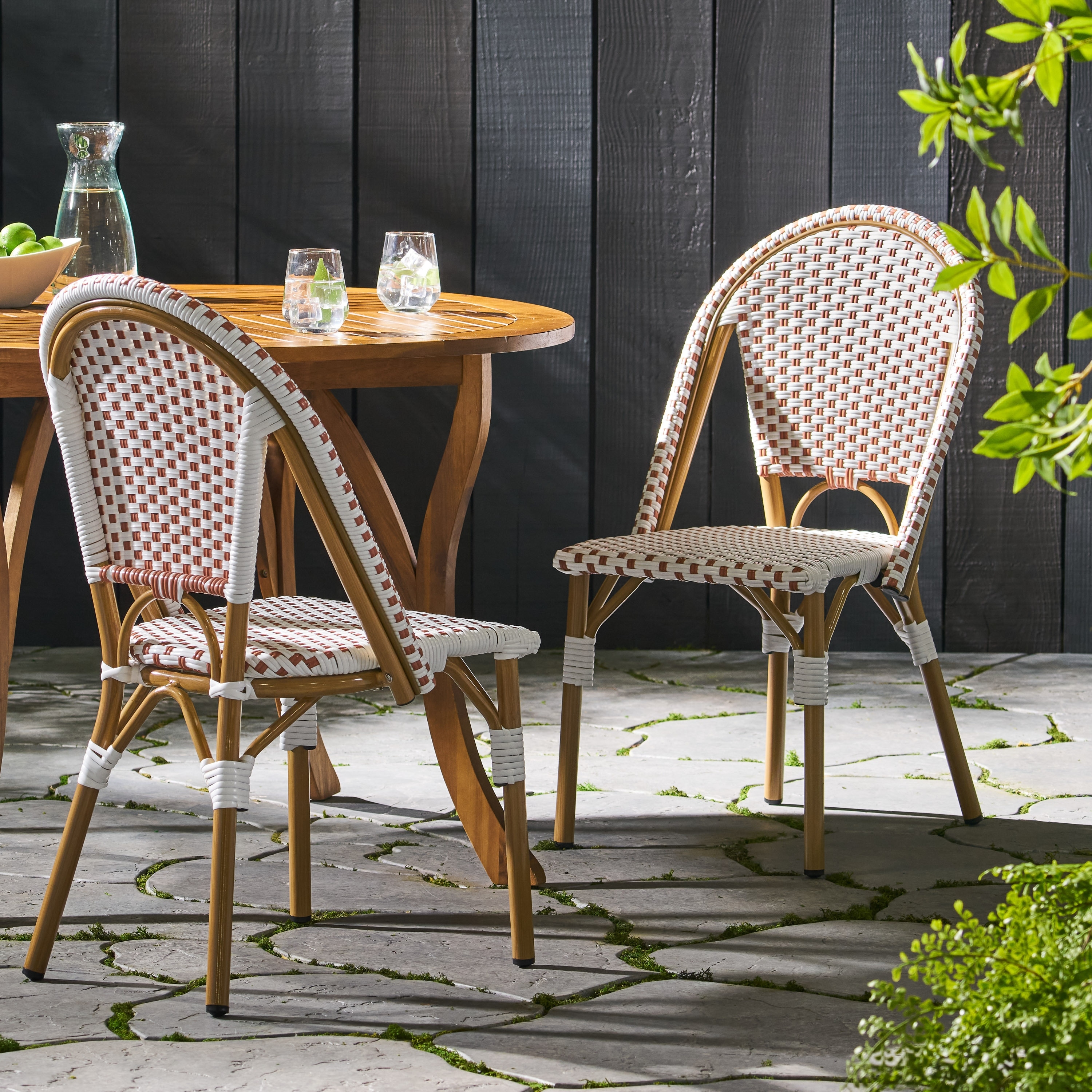 Outdoor French Hand-Woven Wicker Chairs, Patio Stack Chair with Brown Frame & White PE Rattan Seat for Porch Garden, Set of 2