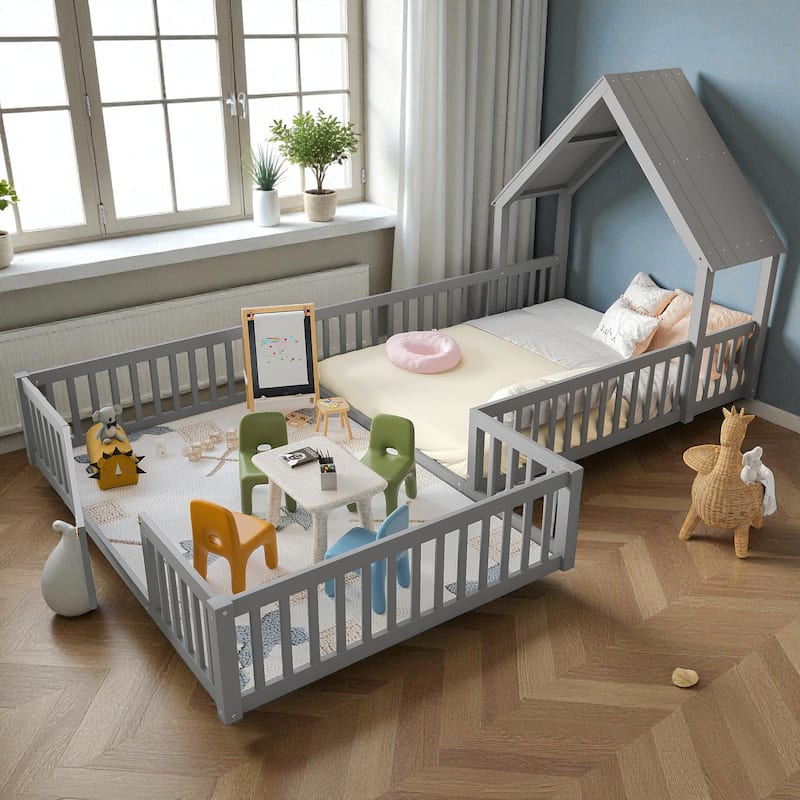 Twin/Full Size House Floor Bed with Door and Guardrails, Double Twin/Full Solid Wood Montessori Bed for Kids - Grey - Full