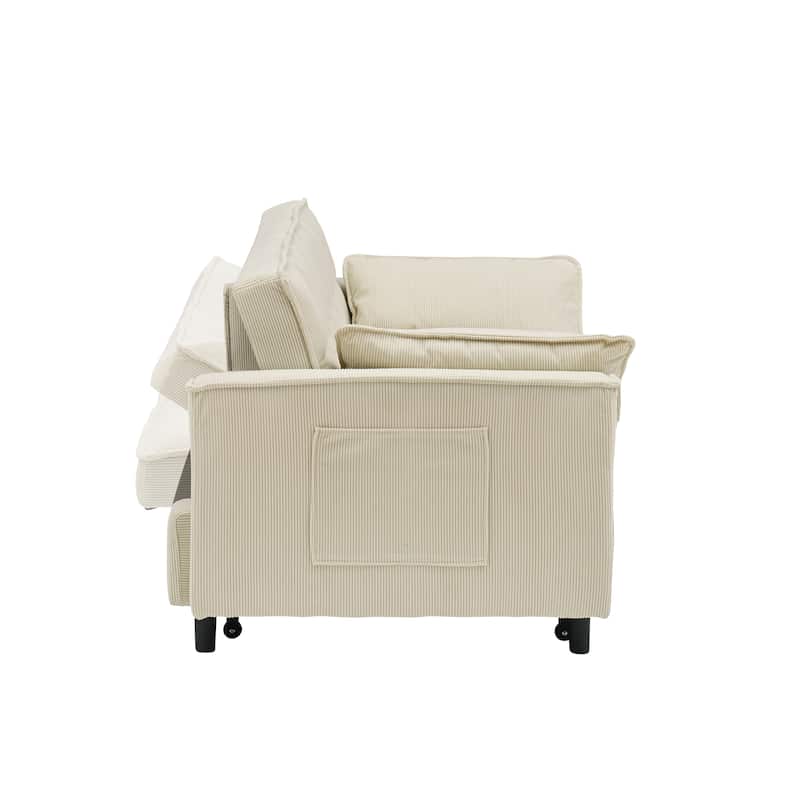 Beige Corduroy Loveseat Pull-Out Sofa Bed with Adjustable Back