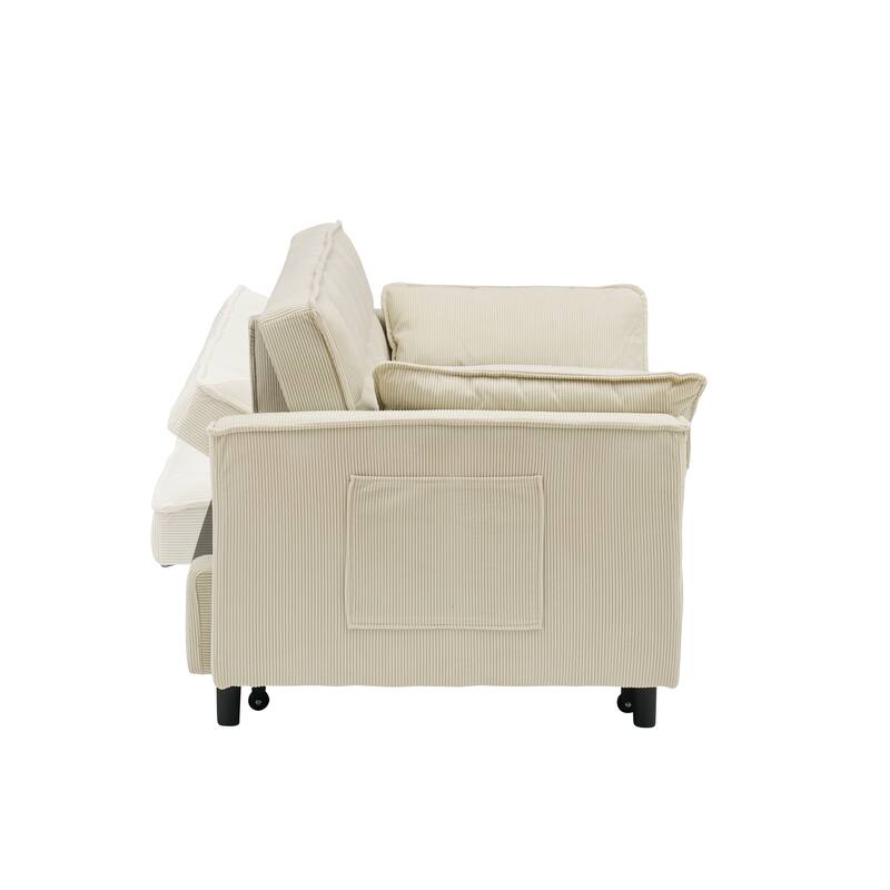 Corduroy Pull Out Loveseat Sofa Convertible Sleeper Love Seat Bed Adjustable Backrest Tufted Couch w2 Pillo & Pockets