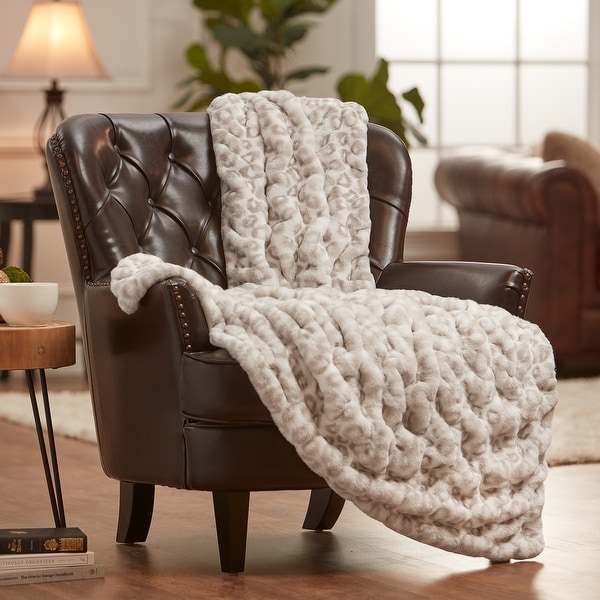 Chanasya Ruched Faux Fur Throw Blanket With Reversible Mink - On