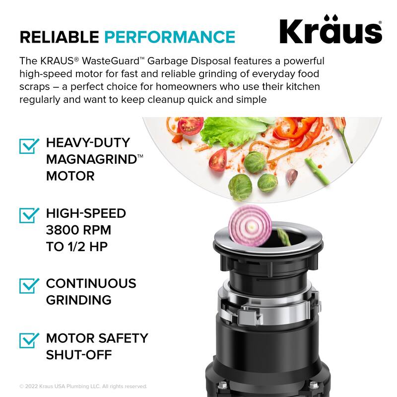KRAUS WasteGuard Continuous Feed Garbage Disposal for Kitchen Sinks