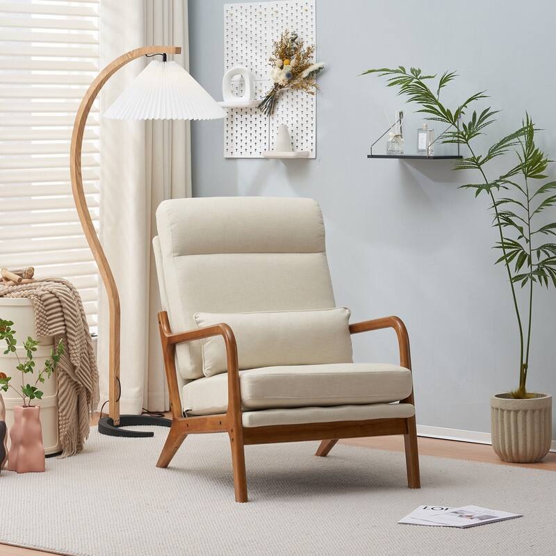 High Back Solid Wood Armrest Backrest Leisure Chair Accent Chair - Beige-Linen