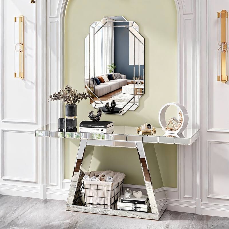 Roomfitters 55.9" Modern Luxe Mirrored Console Table, Trapezoid Base Entryway Table with 360° Reflective Glass, Silver