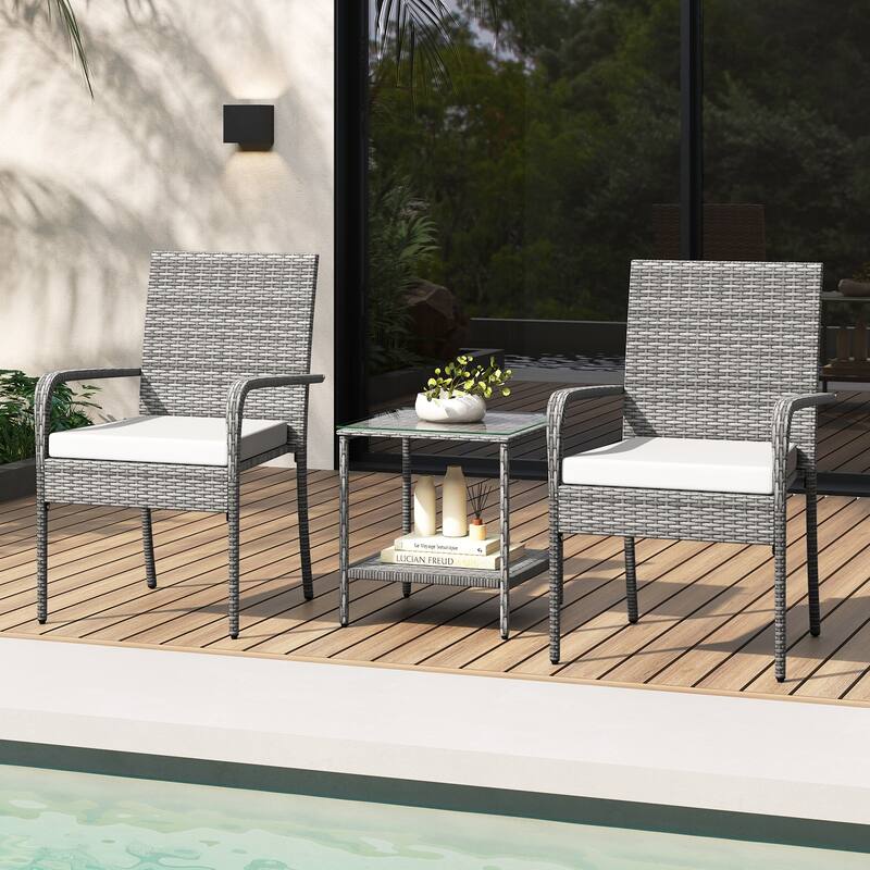 3-Piece Mix Grey Rattan Patio Furniture Set with Cushioned Chairs and Tempered Glass Table for Backyard or Balcony