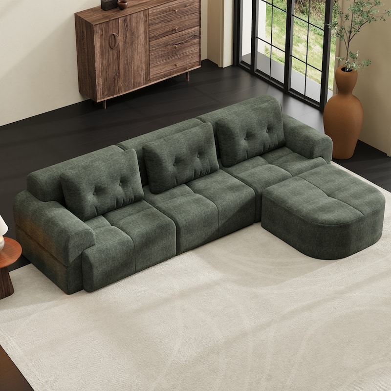 110.23" L-Shaped Chenille Sectional Sofa with Movable Ottoman - Blackish Green