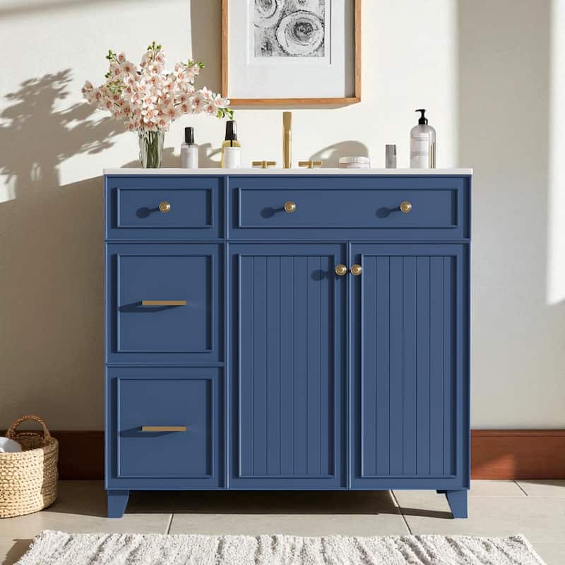36" Bathroom Vanity with Ceramic Sink, Soft-Close Doors, Drawers, Adjustable Shelf, Modern Storage Cabinet - Blue