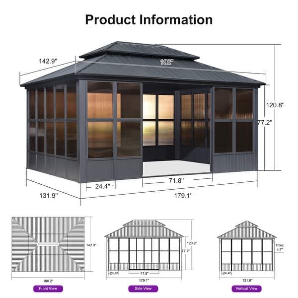 dimension image slide 2 of 9, PURPLE LEAF Double Top Outdoor Sunroom Screen House Patio Hardtop Gazebo