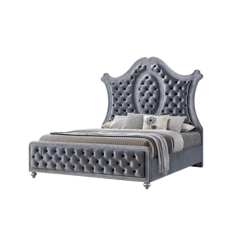 Rall King Size Bed, Curved Wood Headboard, Tufted Gray Fabric Upholstery