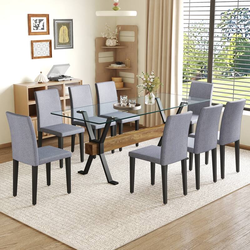 9 Piece Rectangular Glass Dining Table Set, Tempered Glass Dinner Table Set for 8, Kitchen Table Set with 8 Upholstered Chairs