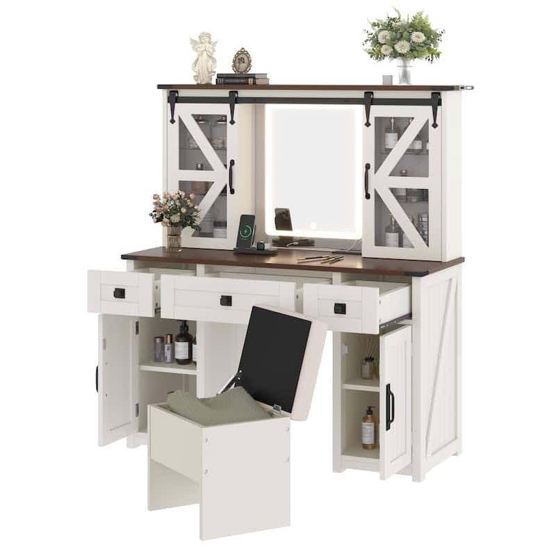 Vanity Desk with Lighted Mirror, Storage Stool & Charging Station, Dressing Table with Hidden Shelves, 3 Drawers & 4 Cabinets