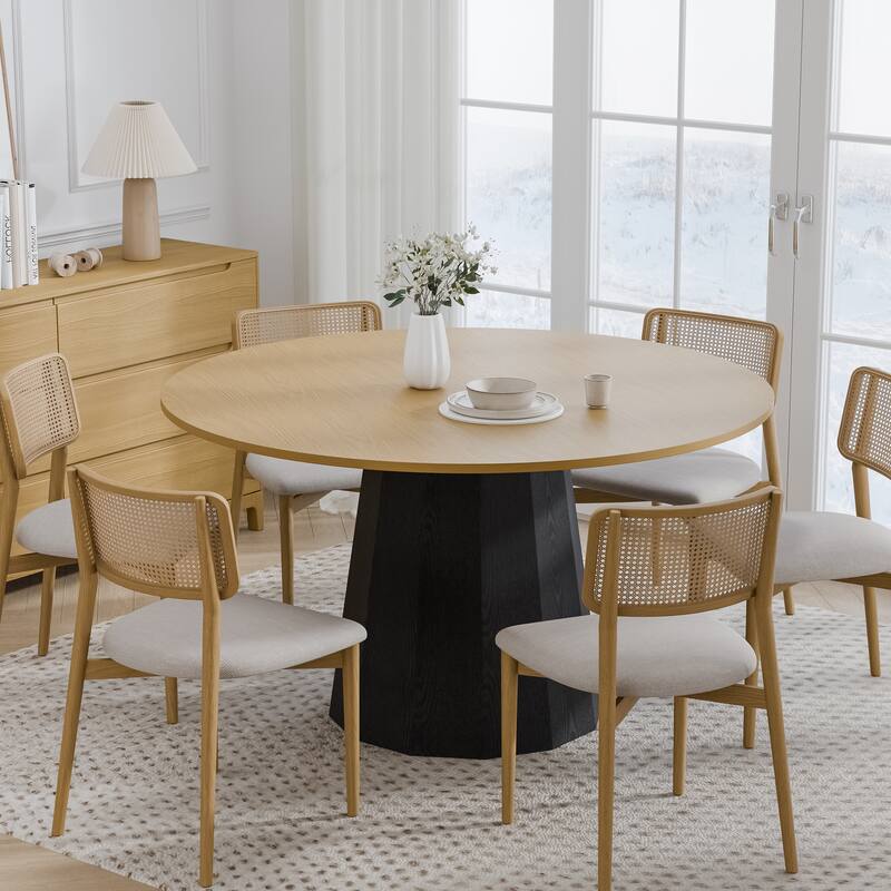 Solid Wood Round Dining Table Kitchen Table with Tabletop and Tapered Base for Living/Dining Room Coffee Office - 52 in.W x 30 in.H - Natural+Black