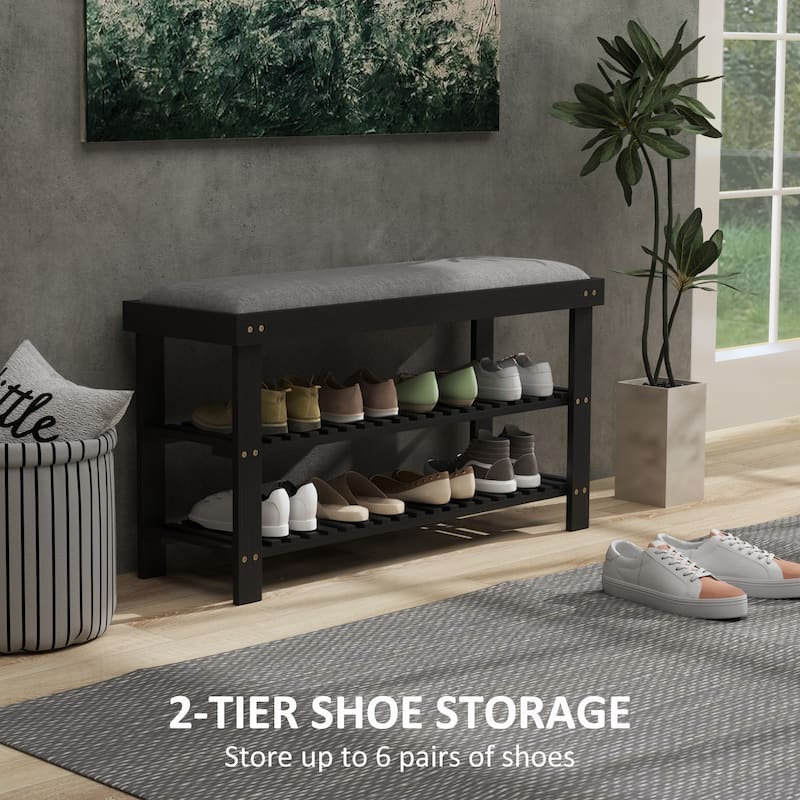 Entryway Storage Bench Bamboo Frame 2 Tier Shoe Rack with Cushion