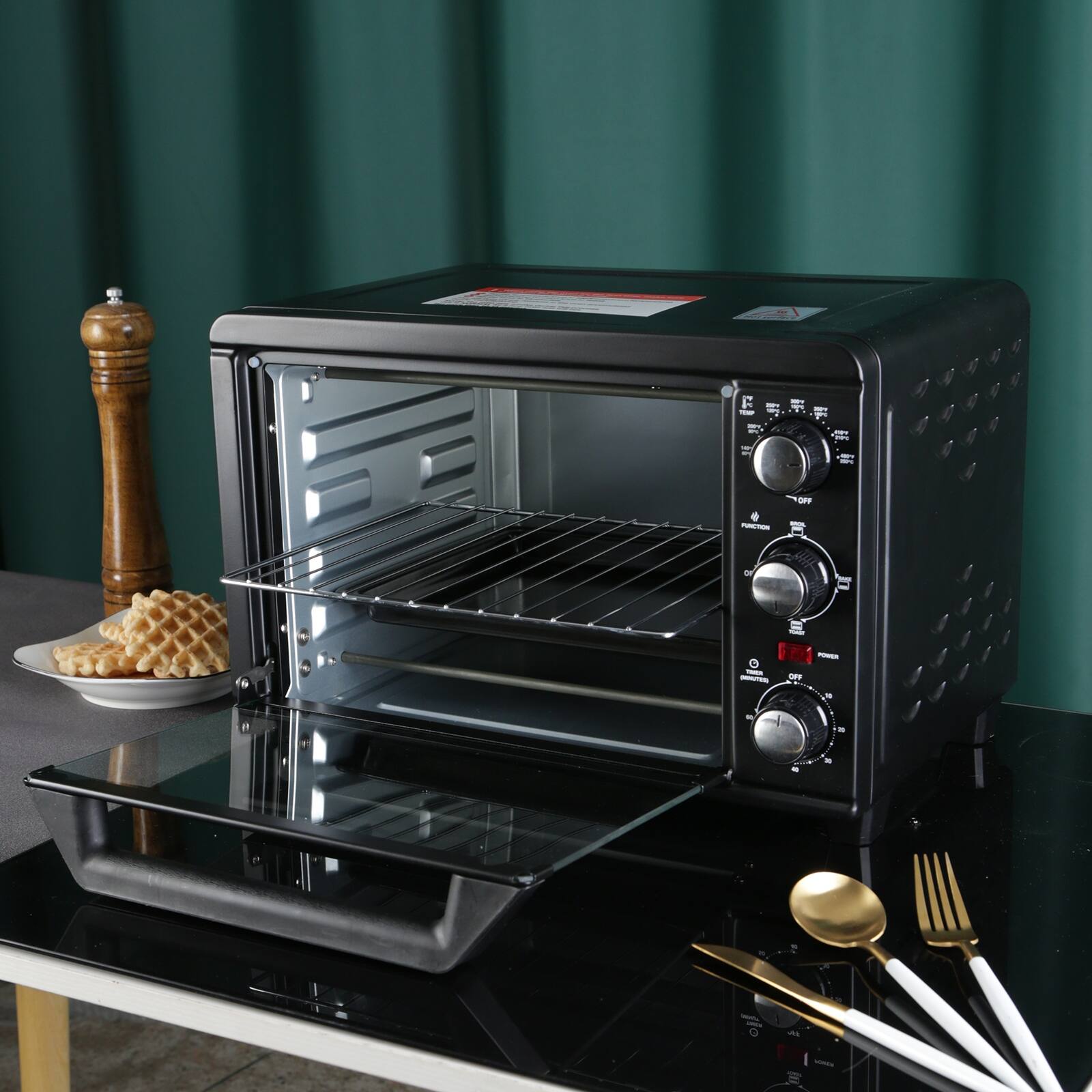 1200 W Metal Black Toaster Oven with Rotisserie and Time Control Bed