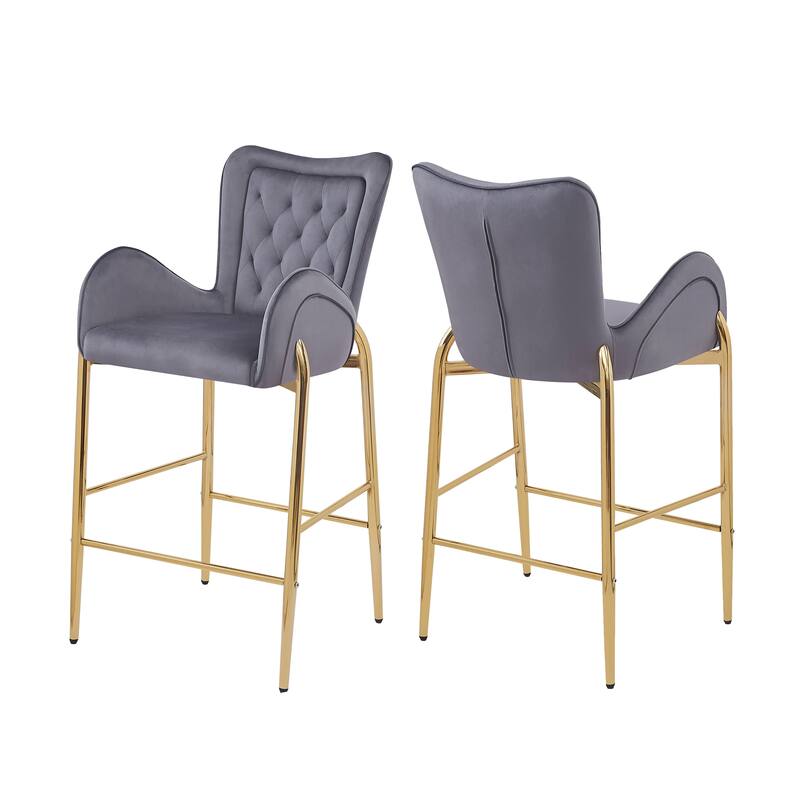 Roomfitters 28.75" Counter Height Bar Stools Set of 2, Tufted Velvet Bar Height Arm Chairs with Golden Legs and Footrests
