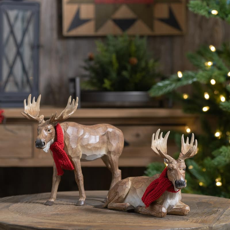 Carved Winter Moose with Scarf Christmas Tabletop Decoration - 10.25" - Set of 2