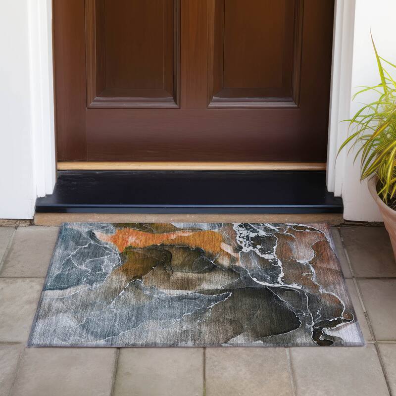 Machine Washable Indoor/ Outdoor Chantille Abstract Orange Rug