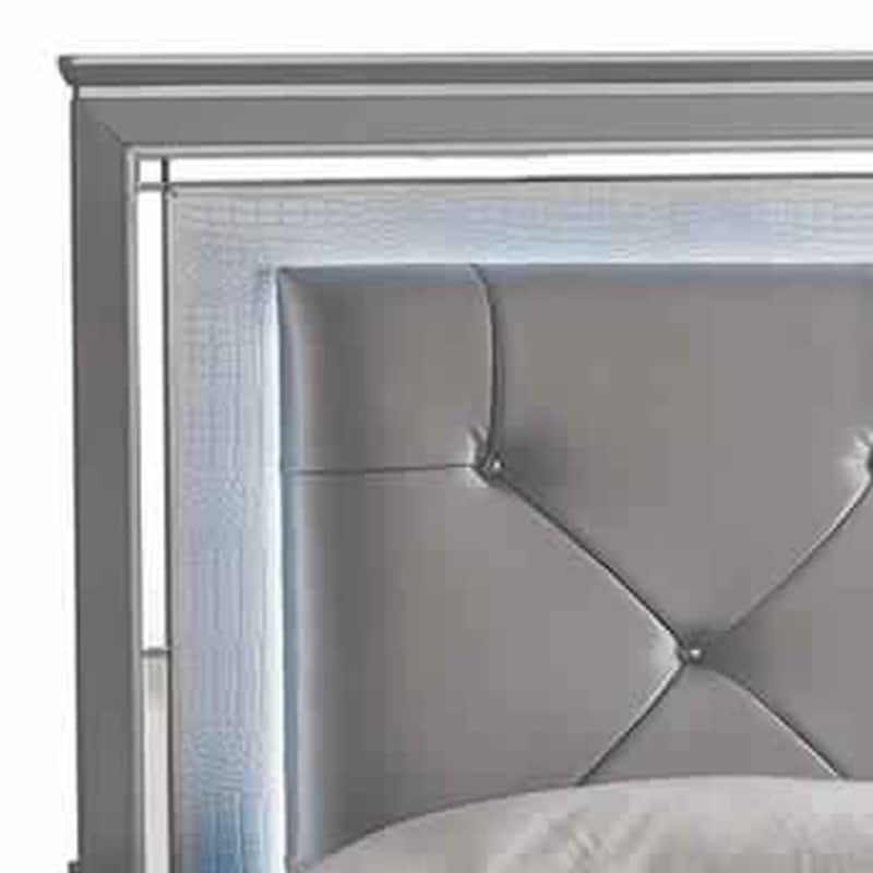 Textured California King Size Bed with Silver Trim Accents, Beige