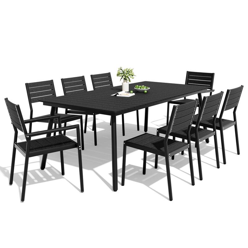 9PC Outdoor Patio Dining Set Aluminum Umbrella Hole Table with Stackable Chairs