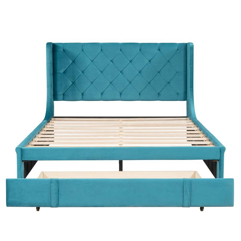 Pink Velvet Upholstered Queen Size Storage Bed with Wingback Headboard - Elegant Design, Sturdy Frame