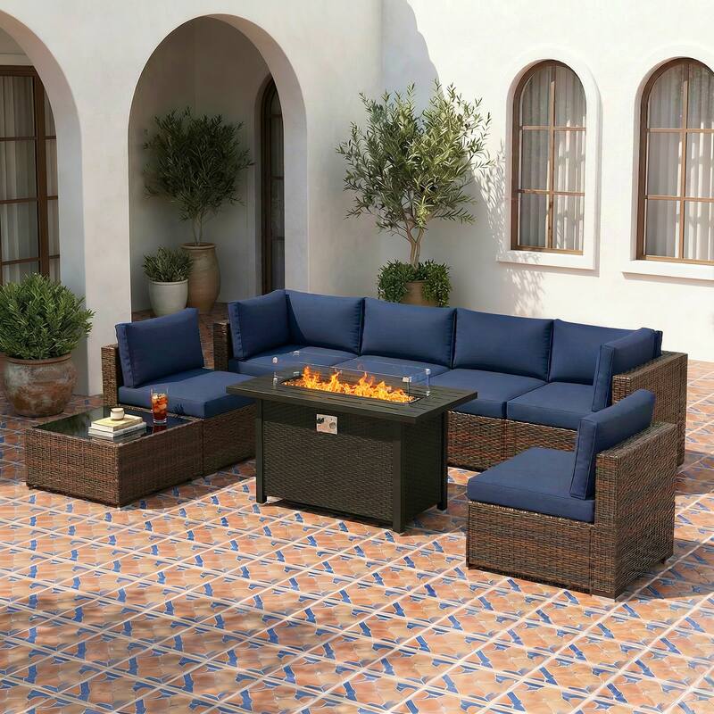 Outdoor Wicker Sectional Sofa 8-Piece Set with Fire Pit Table - Brown/Blue