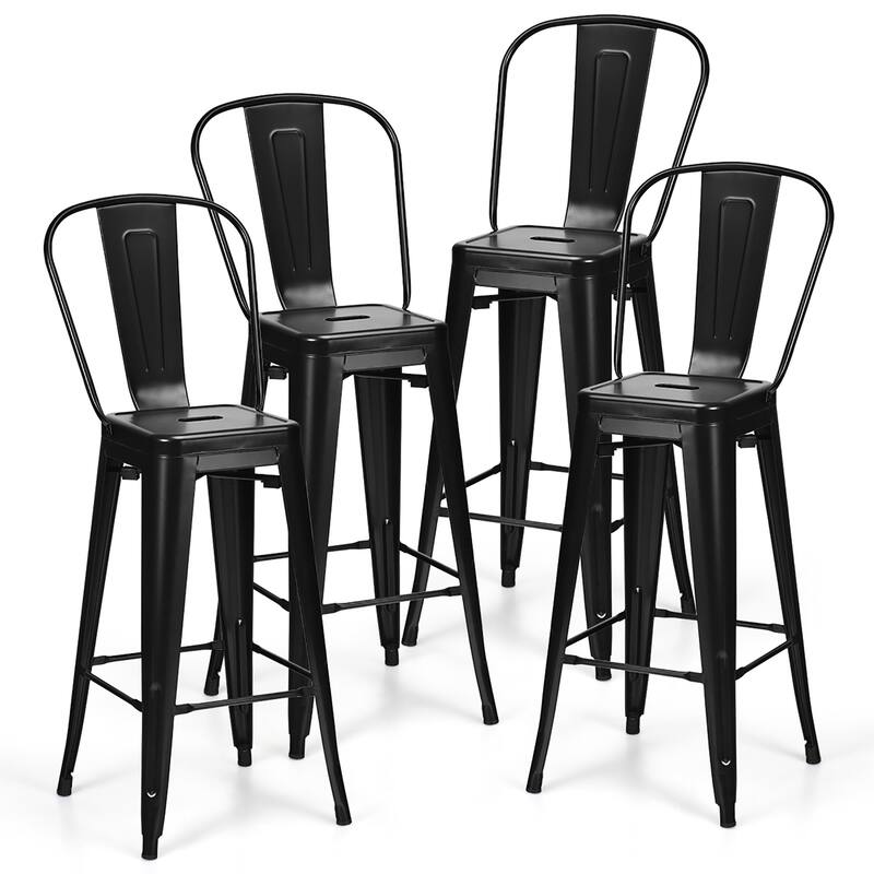 Set of 4 Armless Metal Stools Bar Leisure Chairs with High Back - Black
