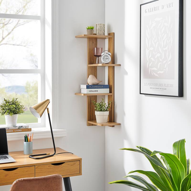 Danya B. Alvar Corner 4-Tier Floating Ledge Column Wall Shelf - Chestnut