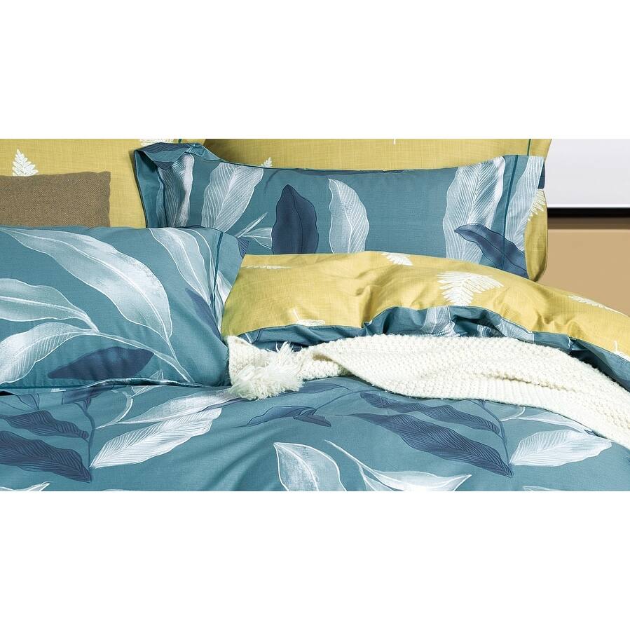 Blue Banana Leaf Pure Cotton Reversible Duvet Cover Set Queen