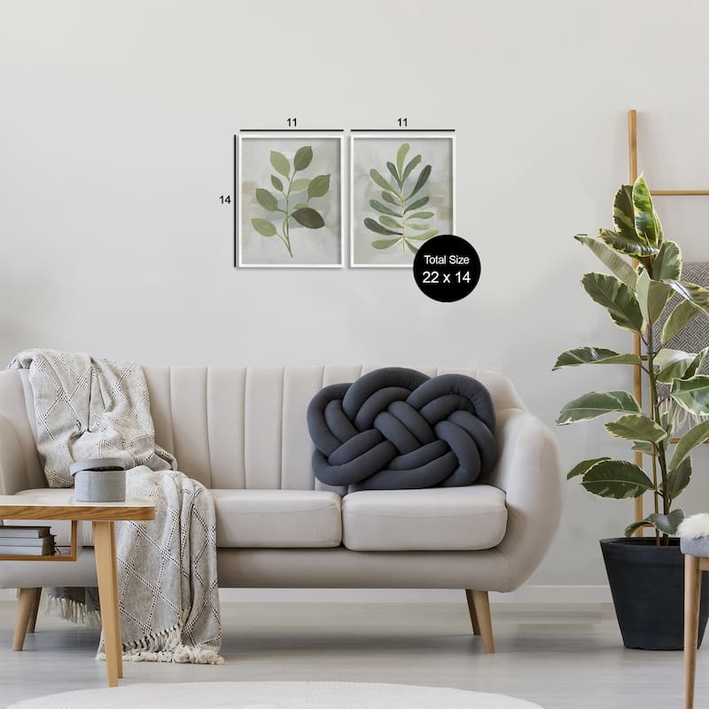 Stupell Green Leaf Branches on Grey Framed Giclee Art Design By Lanie Loreth (Set of 2)