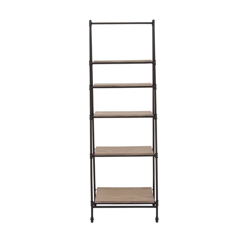 Metal Leaning Ladder 5 Tier Shelving Unit with Wooden Shelves - Black - Roche River Decor - 17"Wx24"Lx72"H