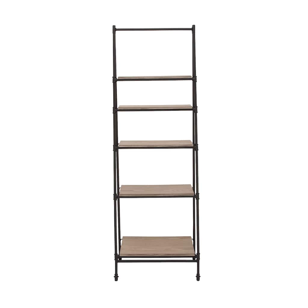 Metal Leaning Ladder 5 Tier Shelving Unit with Wooden Shelves - Black - Roche River Decor - 17"Wx24"Lx72"H