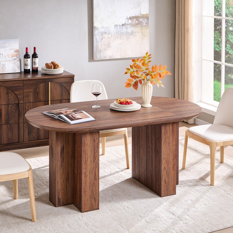 Modern 63" Oval Dining Table, Kitchen Table with Sturdy T-Shaped Base - Rustic Walnut