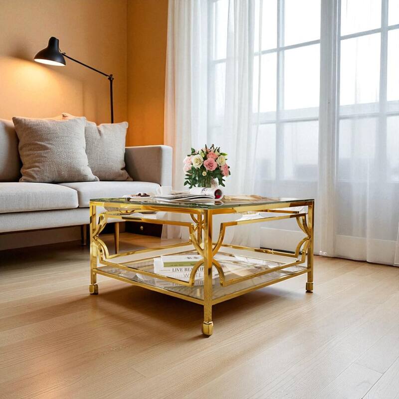 Square Glass Coffee Table 33.5" with Gold Geometric Metal Frame and Lower Shelf, Modern Accent Furniture
