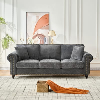 Living Room Deep Seat Rolled Arms Sofa Chenille Upholstered 3 Seater Couch with Wood Legs, Nailhead Trim and Pillows