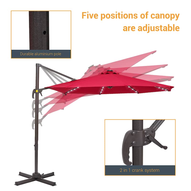 BONOSUKI 10Ft LED Patio Cantilever Offset Umbrella With Cross Base