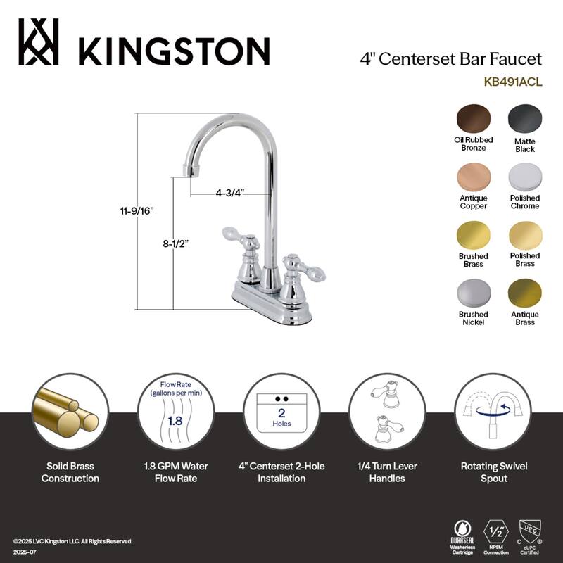 Kingston Brass American Classic 4 in. Centerset High-Arc Bar Faucet