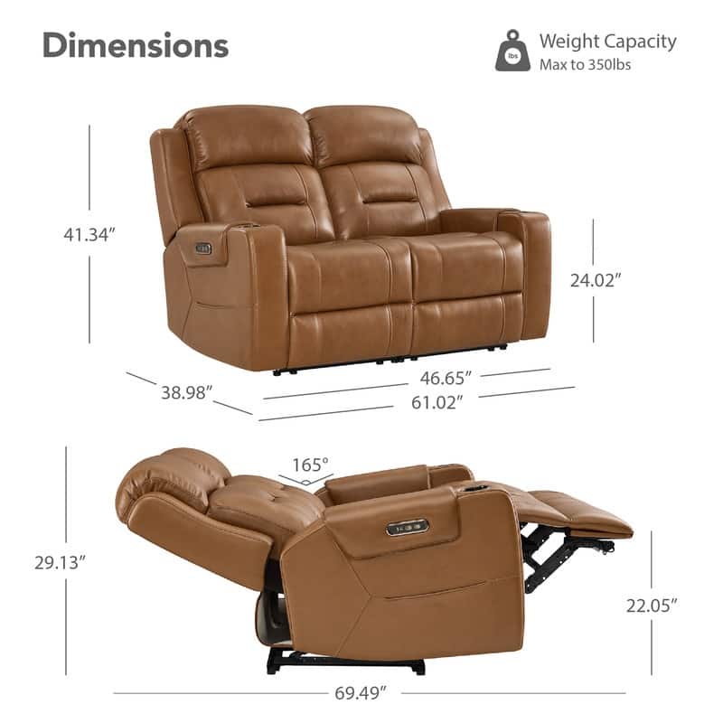 Spruce & Spring Genuine Leather Power Reclining Sofa with Wireless Charging