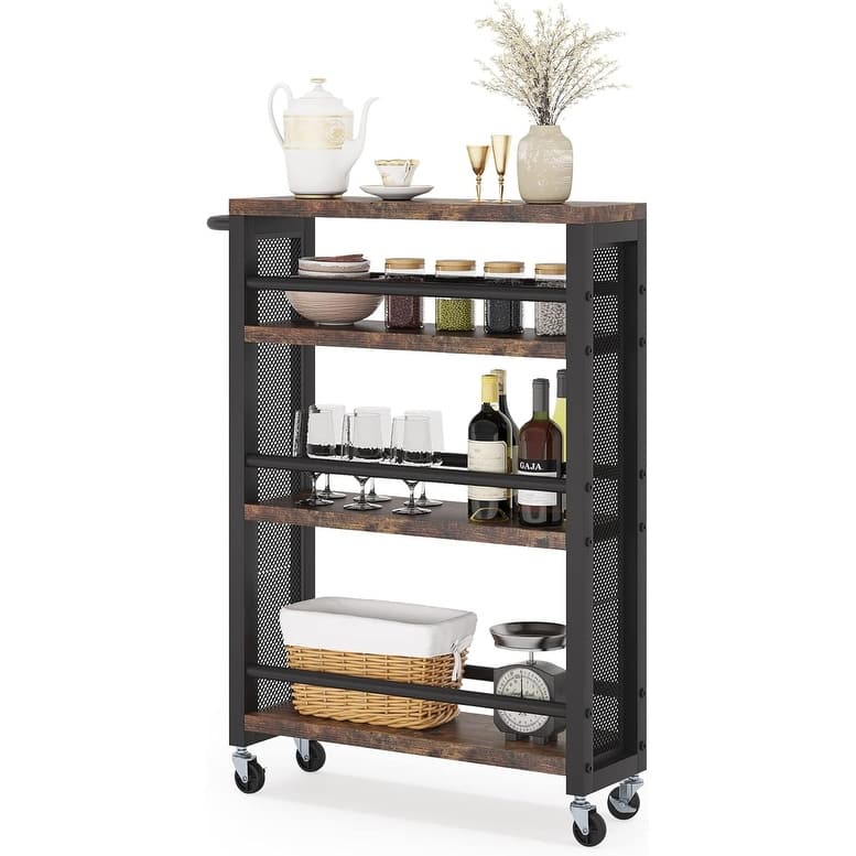 20" Slim 4-Tier Rolling Utility Cart with Wheels, Narrow Kitchen Storage Trolley, Wood and Metal Spice Rack Organizer