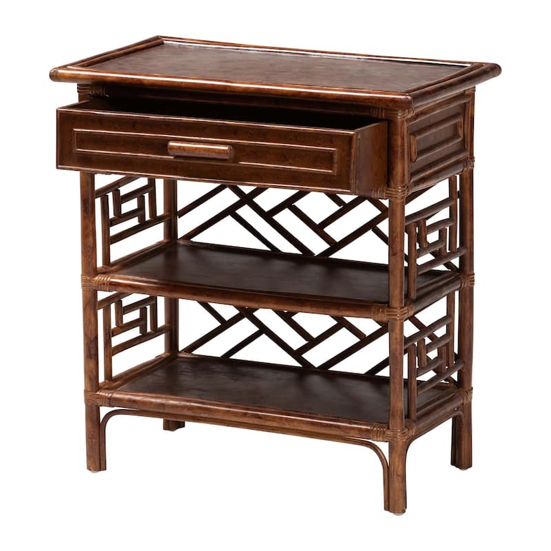 Daemyn Marbled Tortoise Natural Rattan Nightstand - Handcrafted Wicker Bedside Table with Drawer and Open Shelving