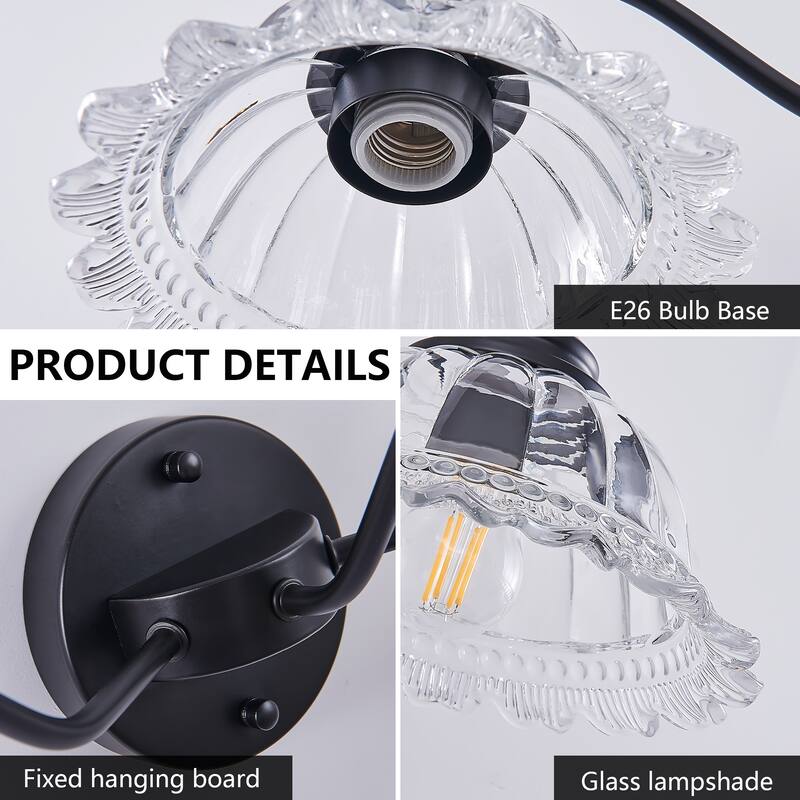 24" 3-Light Black Vintage Vanity - Glass - Bathroom Bedroom(Bulb Not Included)