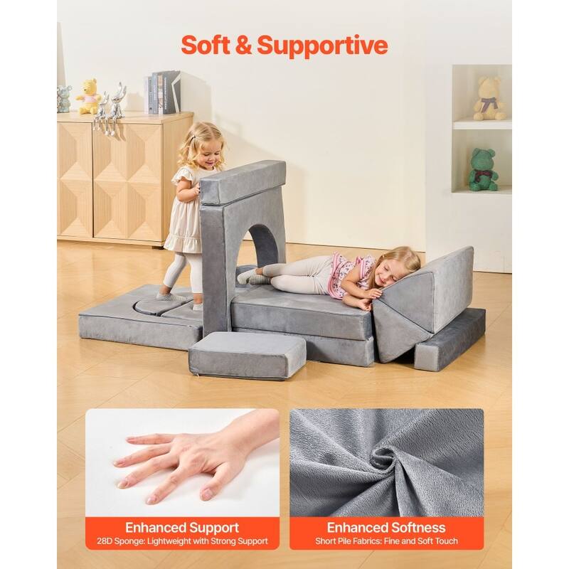 Grey 14-Piece Modular Kids Play Sectional Sofa Set with Foam Cushions for 4 Children Creative Play - 55.3 x 27.5 x 20.8 in
