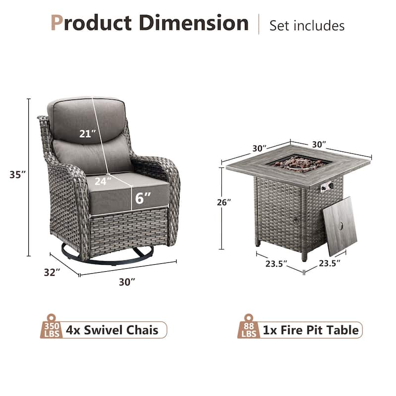 Pocassy Outdoor 6" Swivel Chairs with Fire Pit Table