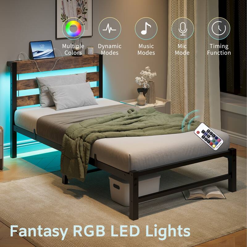 Beige+Brown Twin Size Modern Metal Bed with Wooden Headboard, RGB Lights
